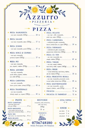 Meniul original al Pizzeriei Azzurro cu preparate și prețuri